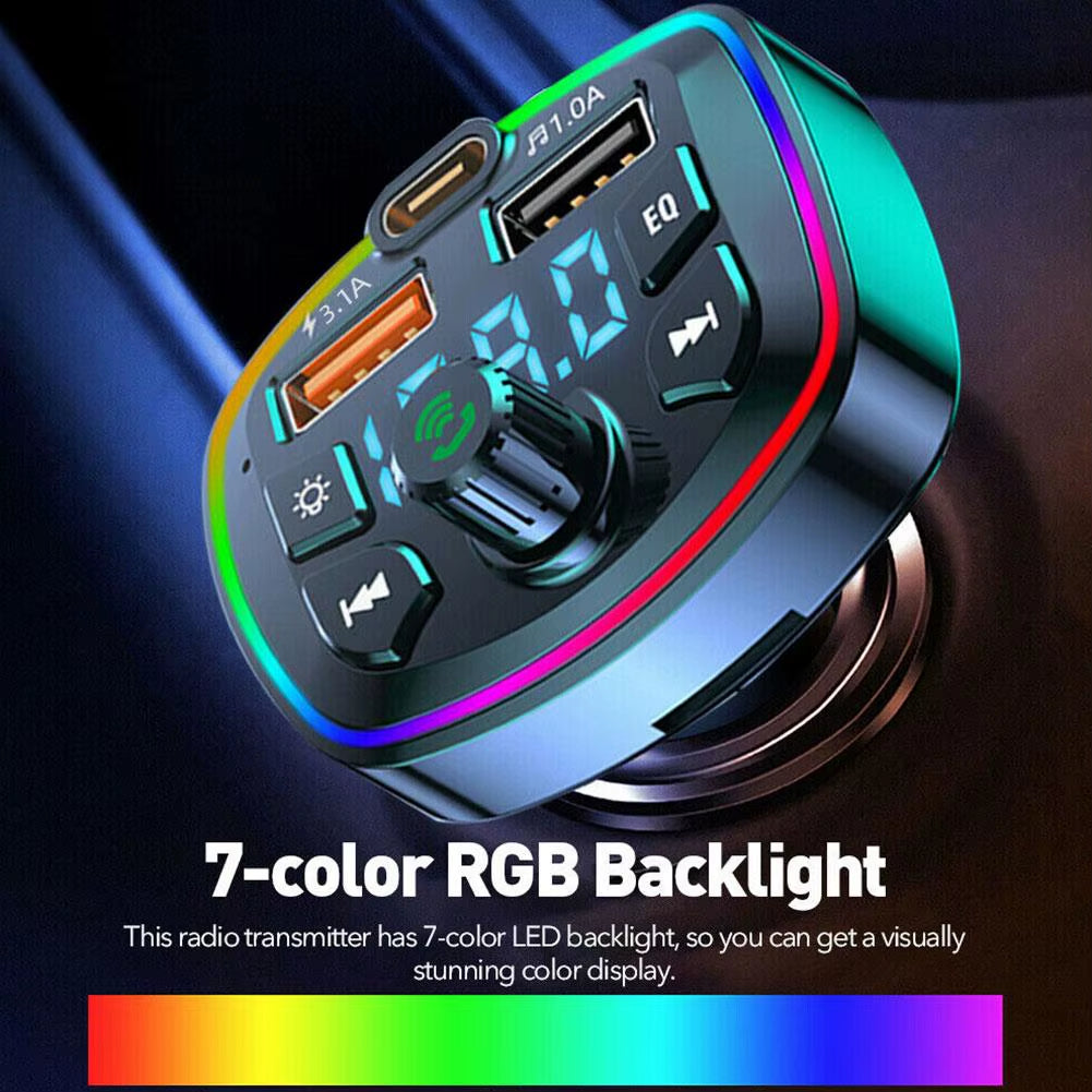 Car FM Transmitter Bluetooth 5.0 Hands-Free PD 20W QC3.0 MP3 Modulator Player Audio Receiver with Colorful Lights