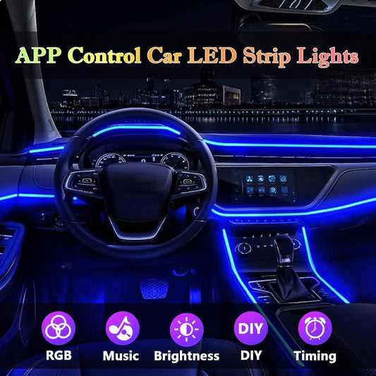 Interior Car LED Strip Lights, RGB 6 in 1 Ambient Lighting Kits with 315 Inches Fiber Optic, 16 Million Colors APP Wireless Bluetooth Control Car Neon Lights, with Music Sync Function