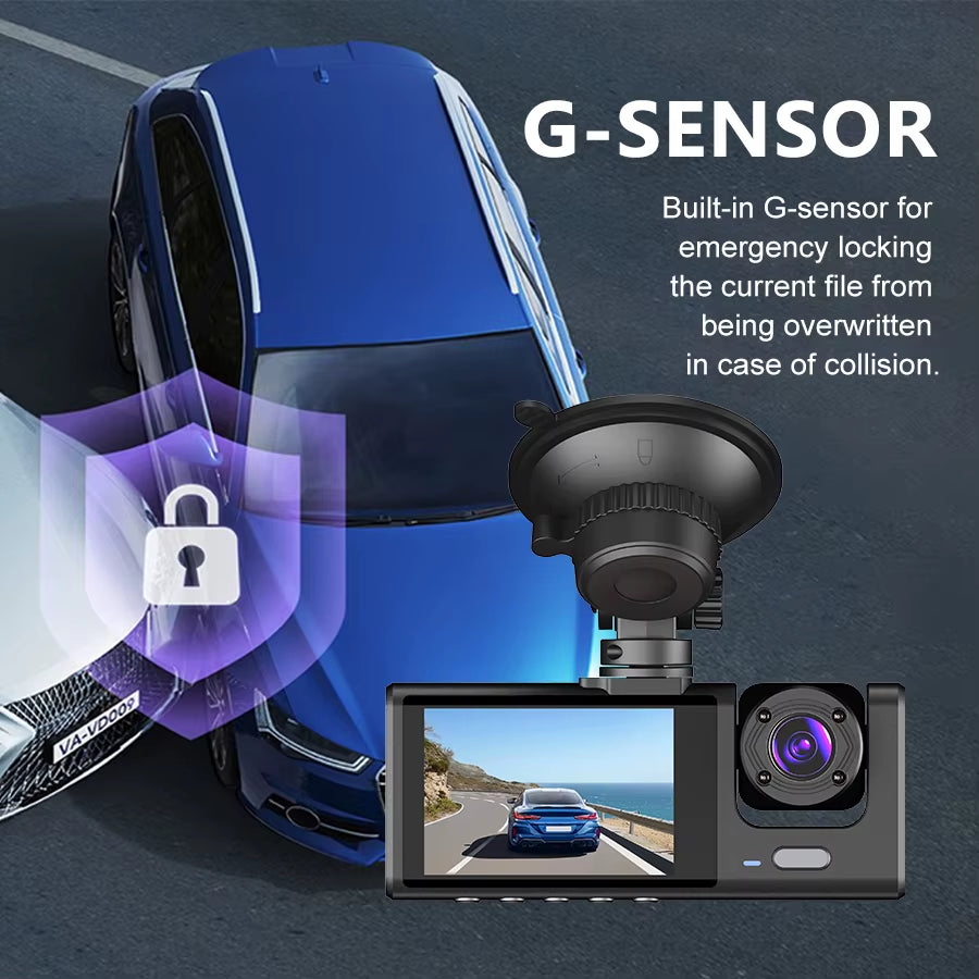 3 Channel Dashcam 1080P FHD Car Camera, Front Rear inside 3-Lens Car DVR Recorder, Equipped 2" IPS Screen Vehicle Camera