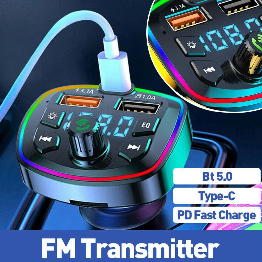 Car FM Transmitter Bluetooth 5.0 Hands-Free PD 20W QC3.0 MP3 Modulator Player Audio Receiver with Colorful Lights