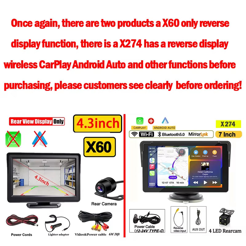 7Inch Portable Wireless Carplay Android Auto Car Radio Multimedia Video Player Touch Screen with AUX for Rear View Camera