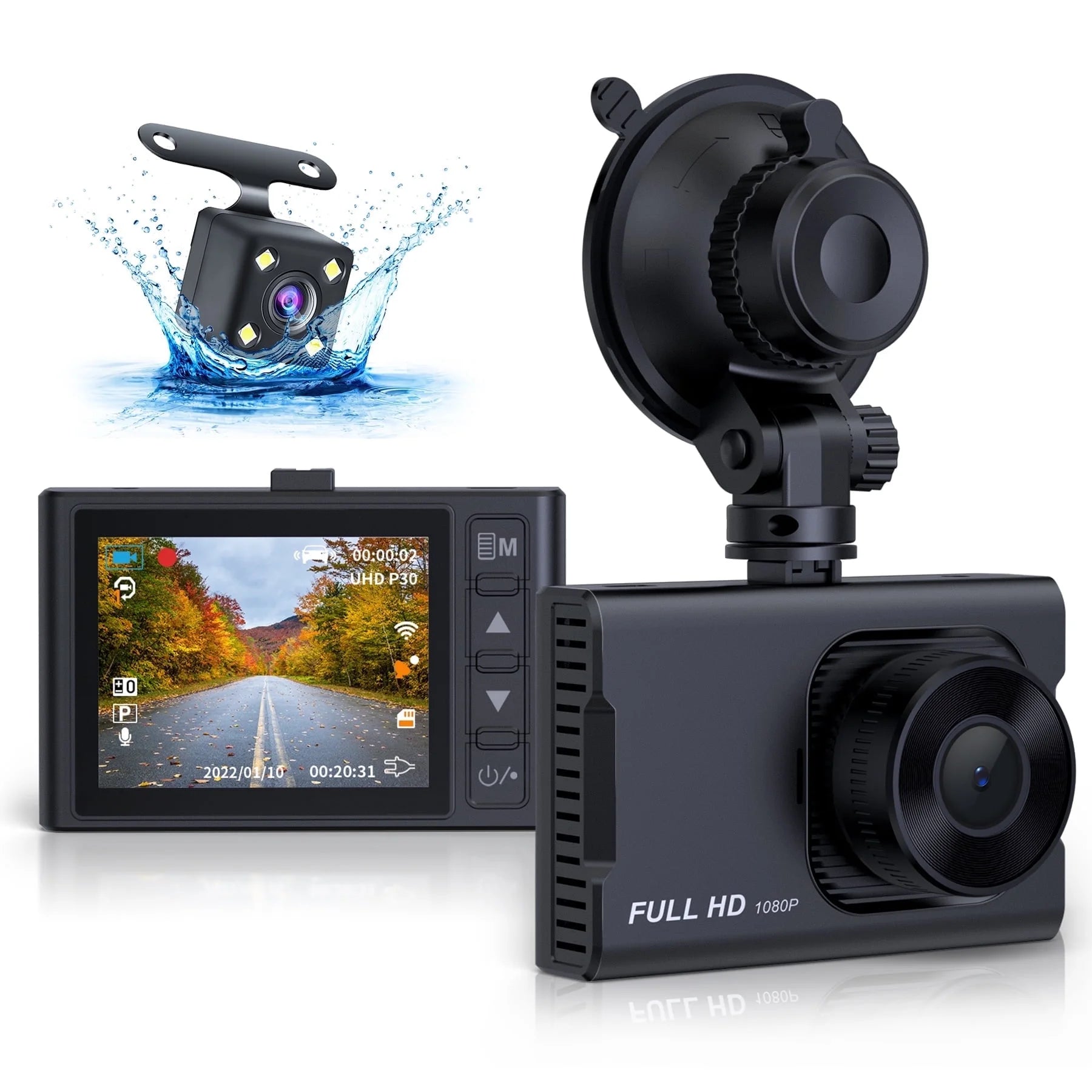 Dash Cam Front and Rear, 1080P Full HD Dash Camera, Dashcam with Night Vision, Car Camera with 3-Inch LCD Display, Parking Mode, G-Sensor, Loop Recording, WDR