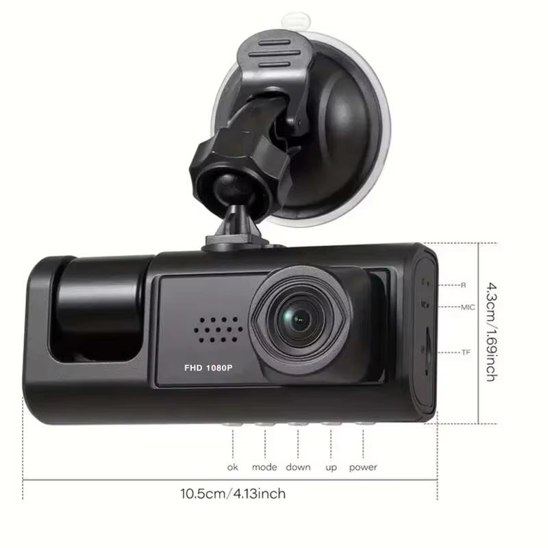 3 Channel Dashcam 1080P FHD Car Camera, Front Rear inside 3-Lens Car DVR Recorder, Equipped 2" IPS Screen Vehicle Camera