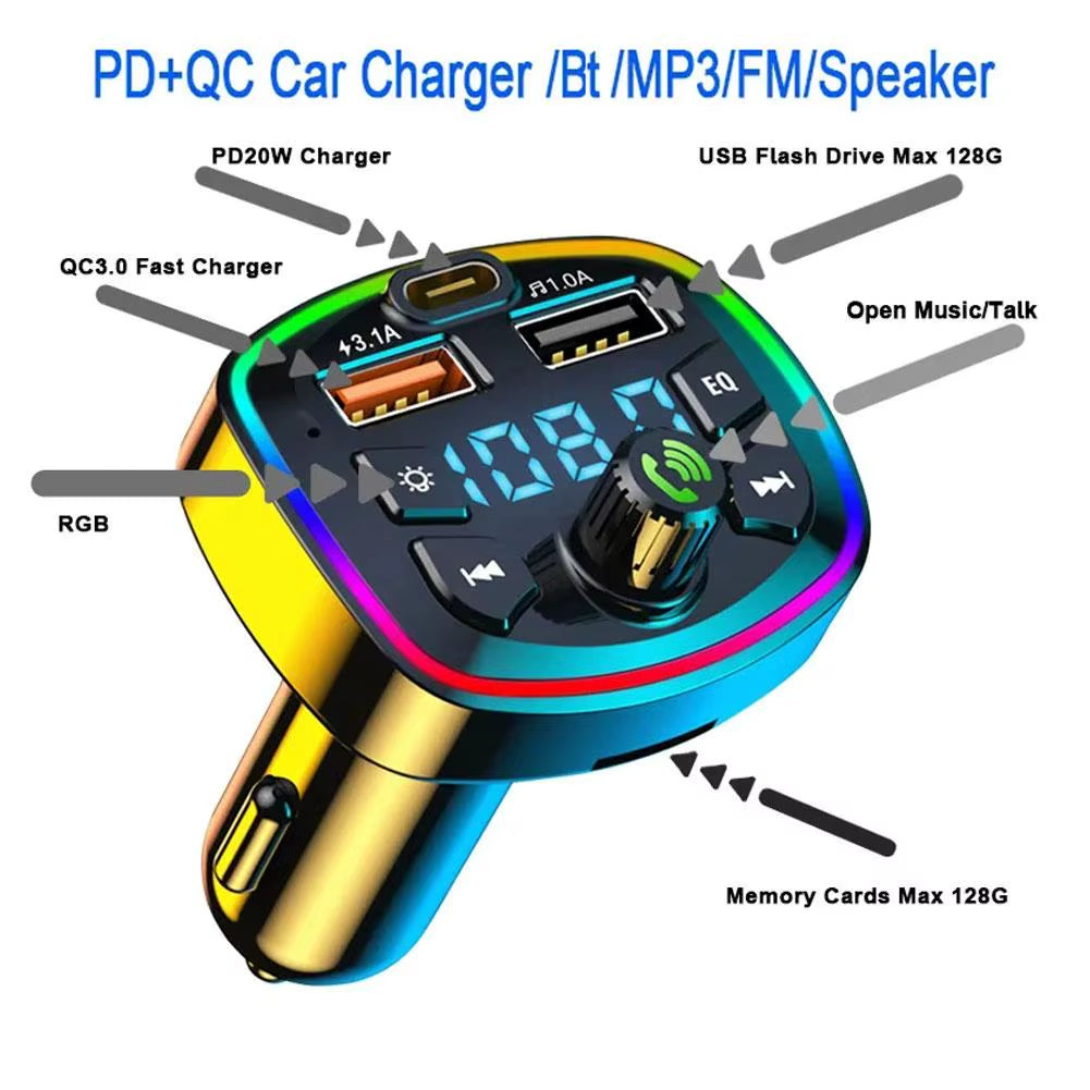 Car FM Transmitter Bluetooth 5.0 Hands-Free PD 20W QC3.0 MP3 Modulator Player Audio Receiver with Colorful Lights