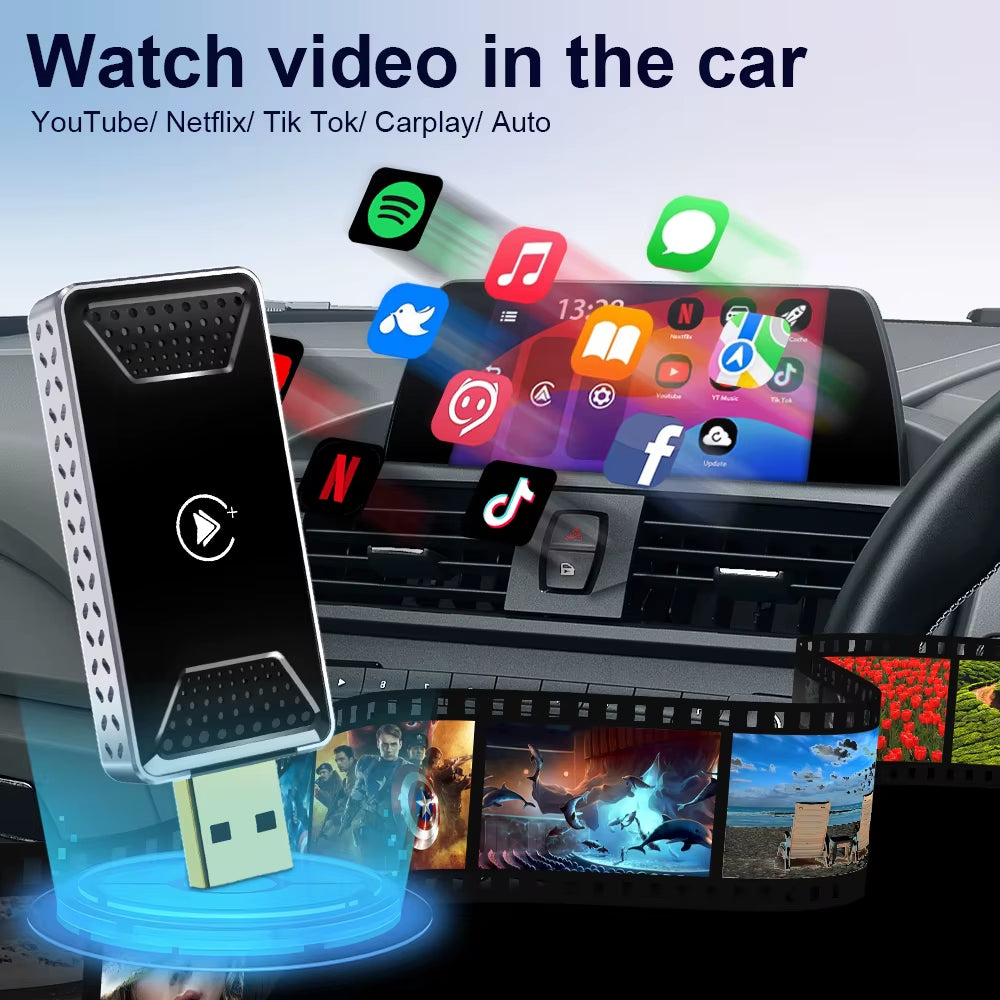 USB Ai Box Original Car Wired to Wireless Carplay Android Auto Video Box Plug Play 2 in 1 Built-In Youtube, Tiktok, Netflix, Etc