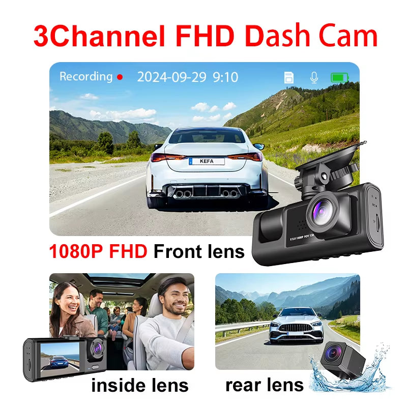 3 Channel Dashcam 1080P FHD Car Camera, Front Rear inside 3-Lens Car DVR Recorder, Equipped 2" IPS Screen Vehicle Camera