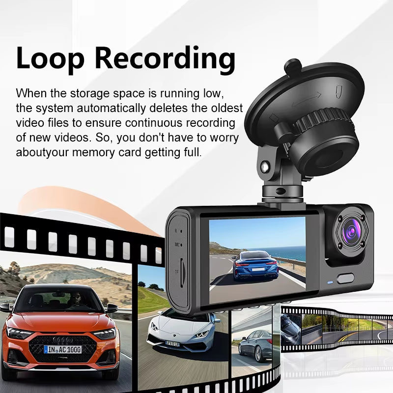 3 Channel Dashcam 1080P FHD Car Camera, Front Rear inside 3-Lens Car DVR Recorder, Equipped 2" IPS Screen Vehicle Camera