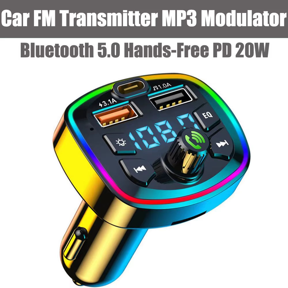 Car FM Transmitter Bluetooth 5.0 Hands-Free PD 20W QC3.0 MP3 Modulator Player Audio Receiver with Colorful Lights