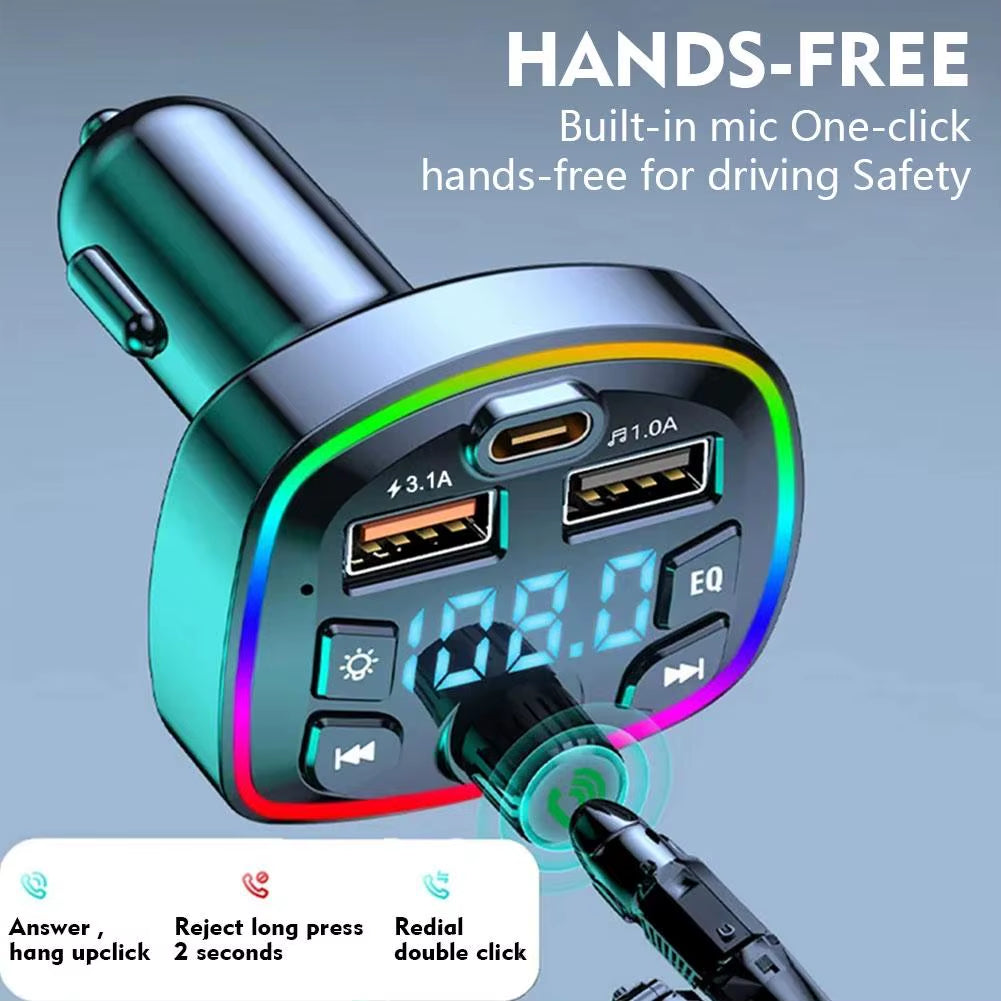 Car FM Transmitter Bluetooth 5.0 Hands-Free PD 20W QC3.0 MP3 Modulator Player Audio Receiver with Colorful Lights