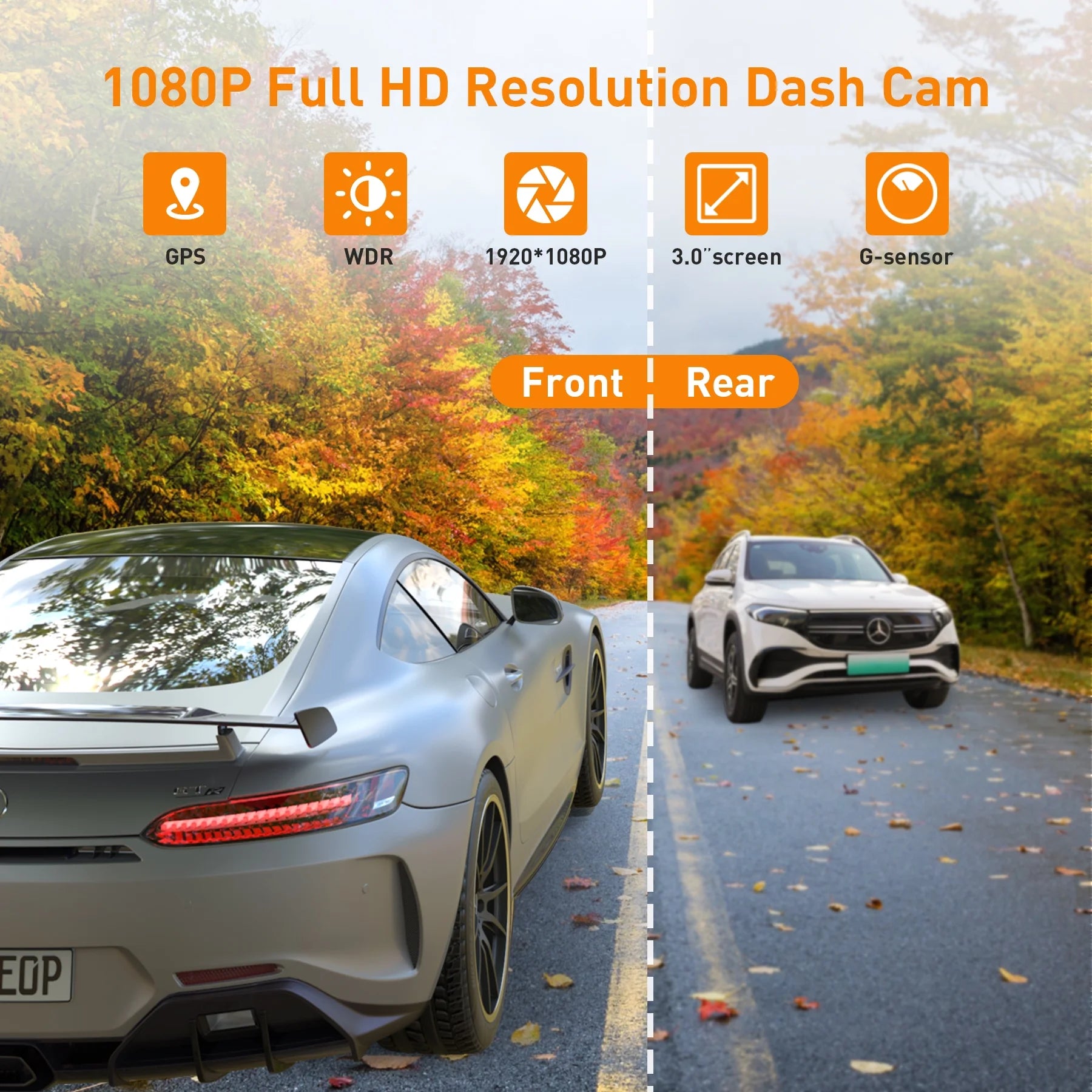 Dash Cam Front and Rear, 1080P Full HD Dash Camera, Dashcam with Night Vision, Car Camera with 3-Inch LCD Display, Parking Mode, G-Sensor, Loop Recording, WDR