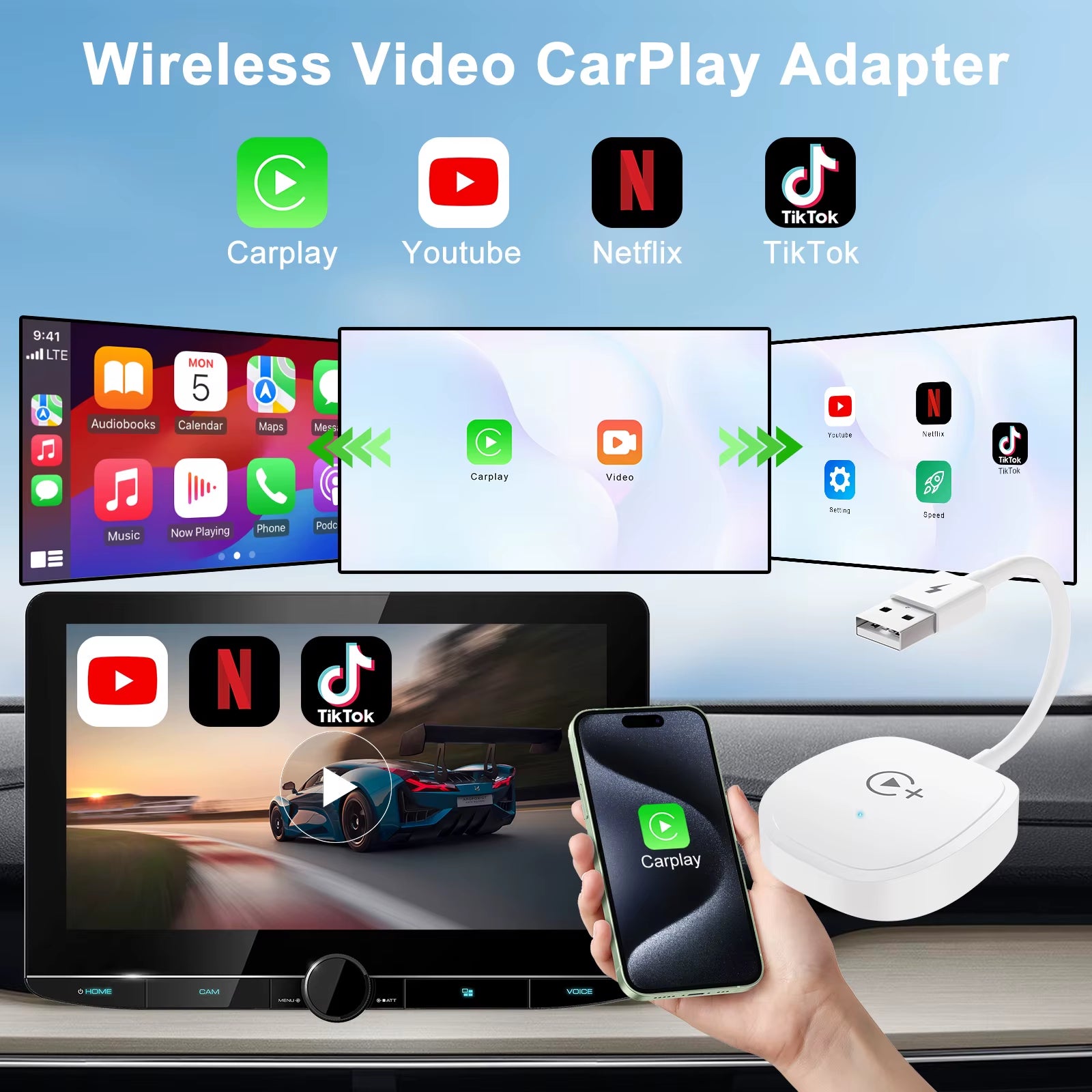 Wireless Video Carplay Adapter with Netflix/Youtube/Tiktok, for OEM Wired Carplay Cars