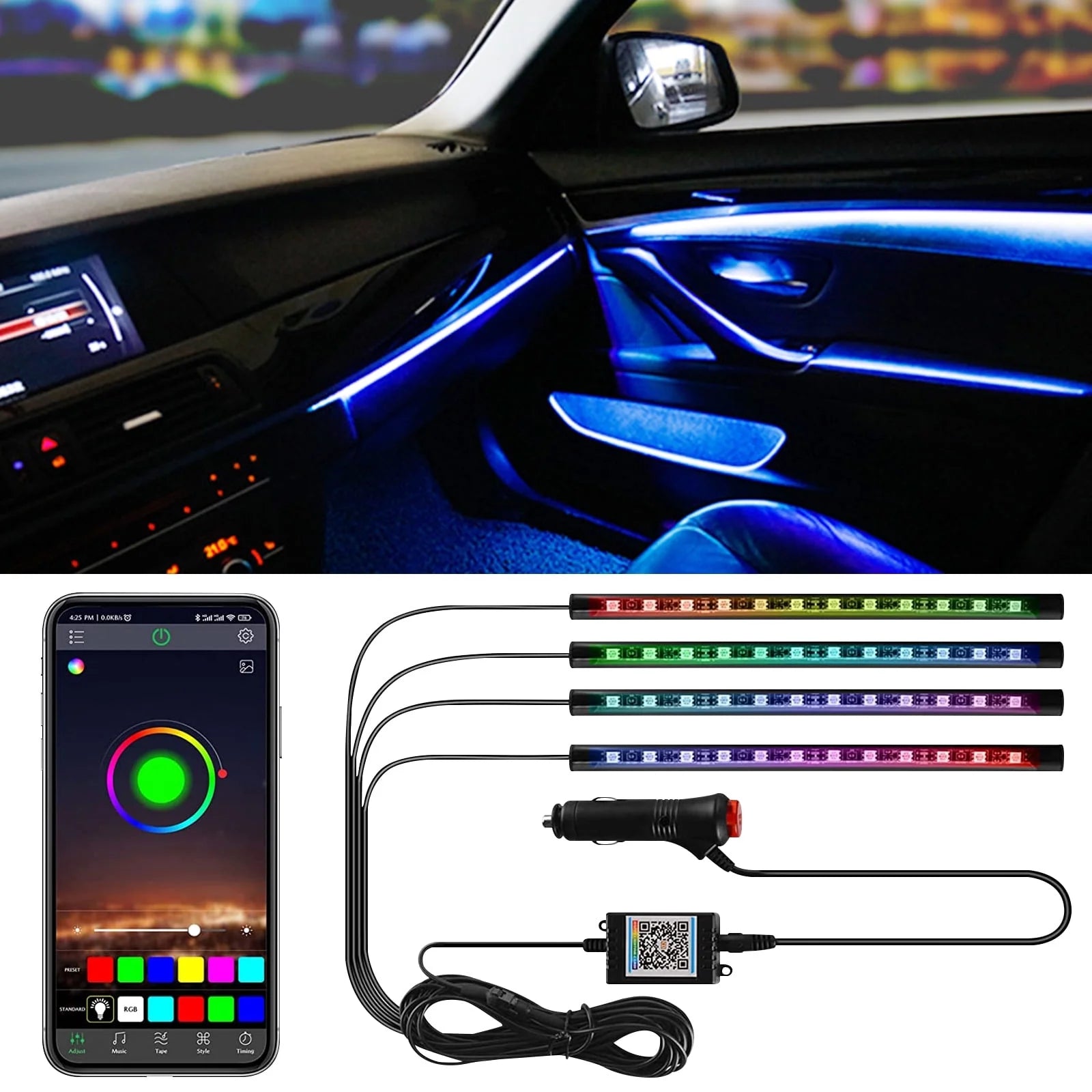 Multi-Color Strip Lights with App Control, Smart Interior 48 LED Car Lights with Music Mode, under Dash Interior Lights for Cars, Suvs, DC 12V, 4 Pcs