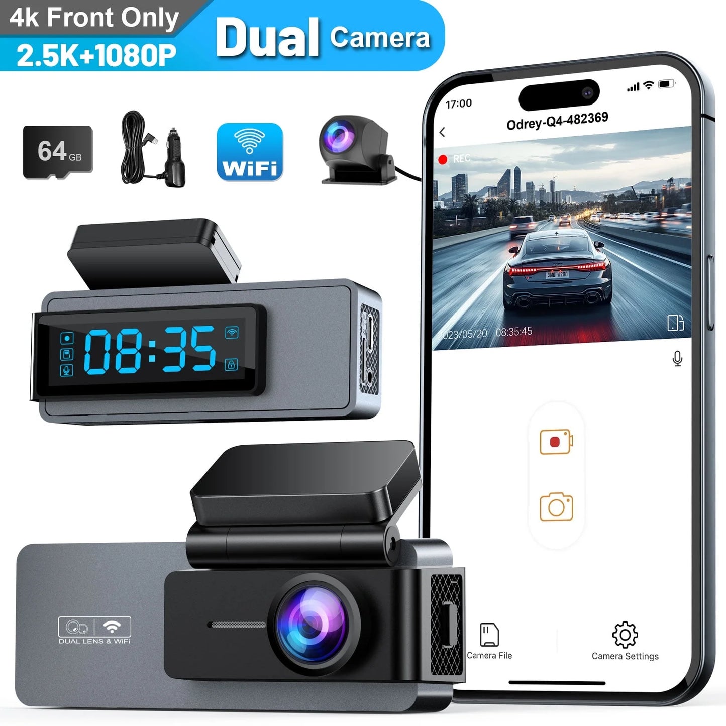 Dash Cam Front and Rear, 2.5K+1080P WDR Dash Camera for Cars, 4K Single Front Built-In Wifi Car Camera with G-Sensor, Super Night Vision, 64GB Card, Loop Recording, Parking Mode