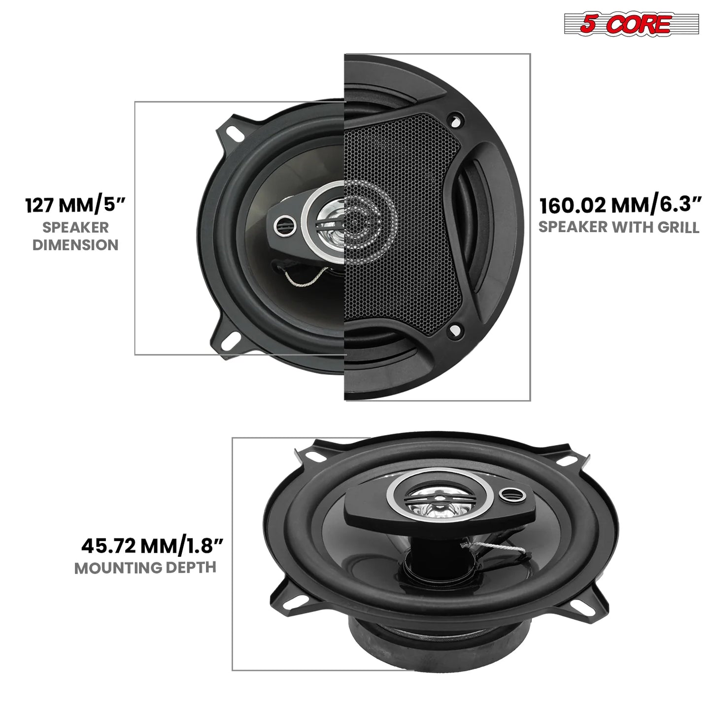 5 Core 2 Way 5" Car Speaker 350W Coaxial Component Speaker Universal Quick Easy Fit for Cars