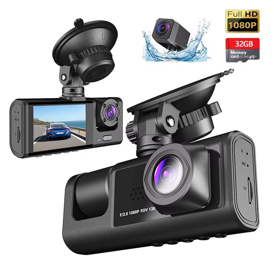 3 Channel Dashcam 1080P FHD Car Camera, Front Rear inside 3-Lens Car DVR Recorder, Equipped 2" IPS Screen Vehicle Camera