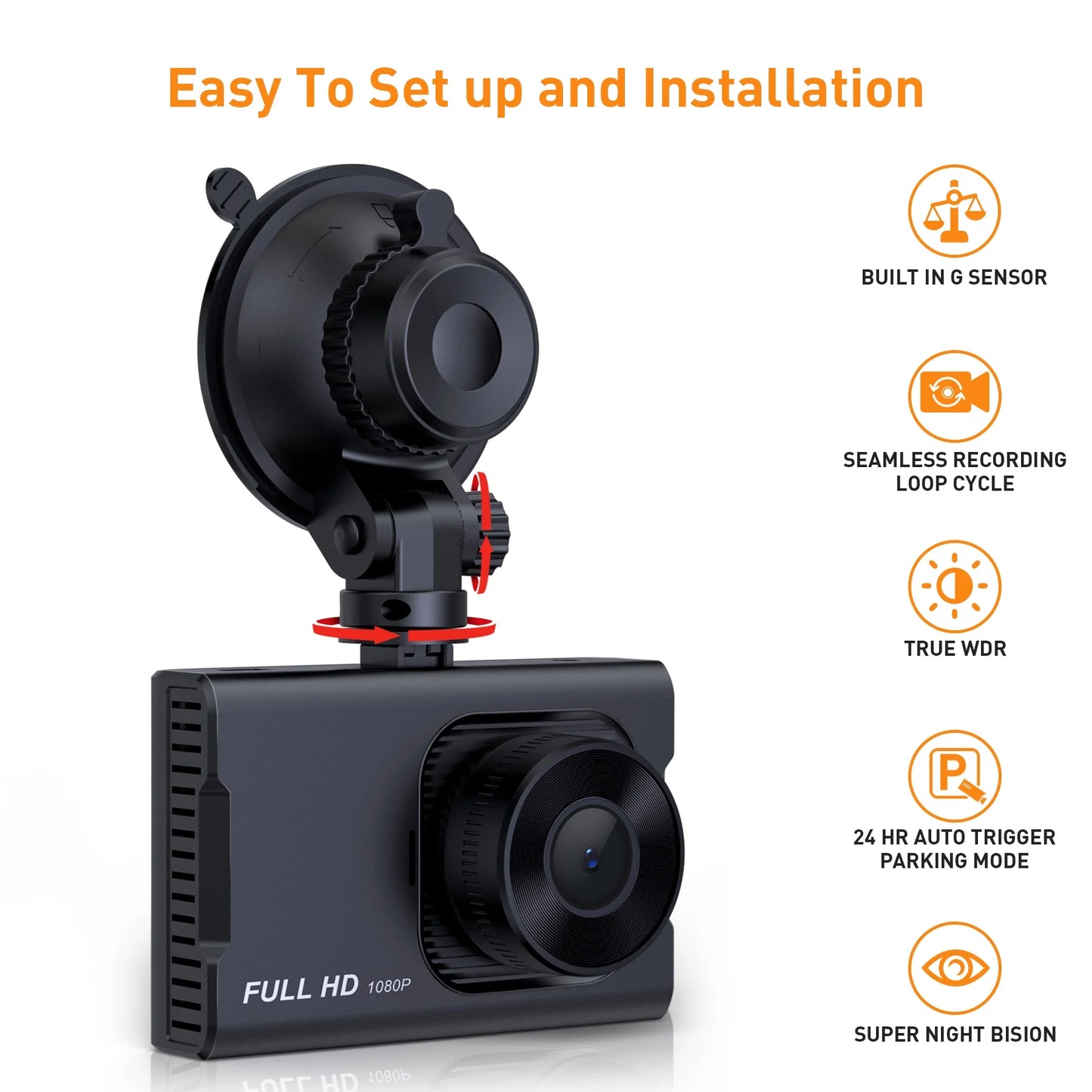 Dash Cam Front and Rear, 1080P Full HD Dash Camera, Dashcam with Night Vision, Car Camera with 3-Inch LCD Display, Parking Mode, G-Sensor, Loop Recording, WDR