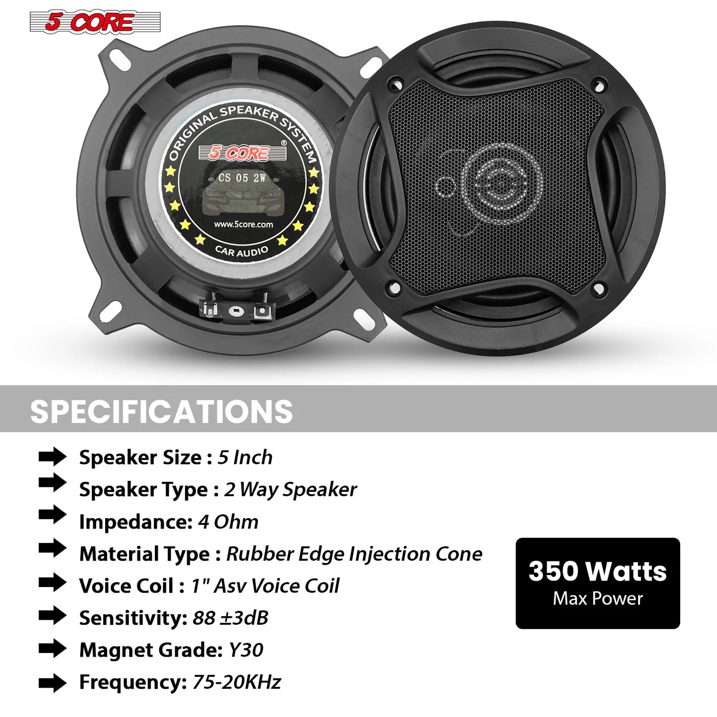 5 Core 2 Way 5" Car Speaker 350W Coaxial Component Speaker Universal Quick Easy Fit for Cars