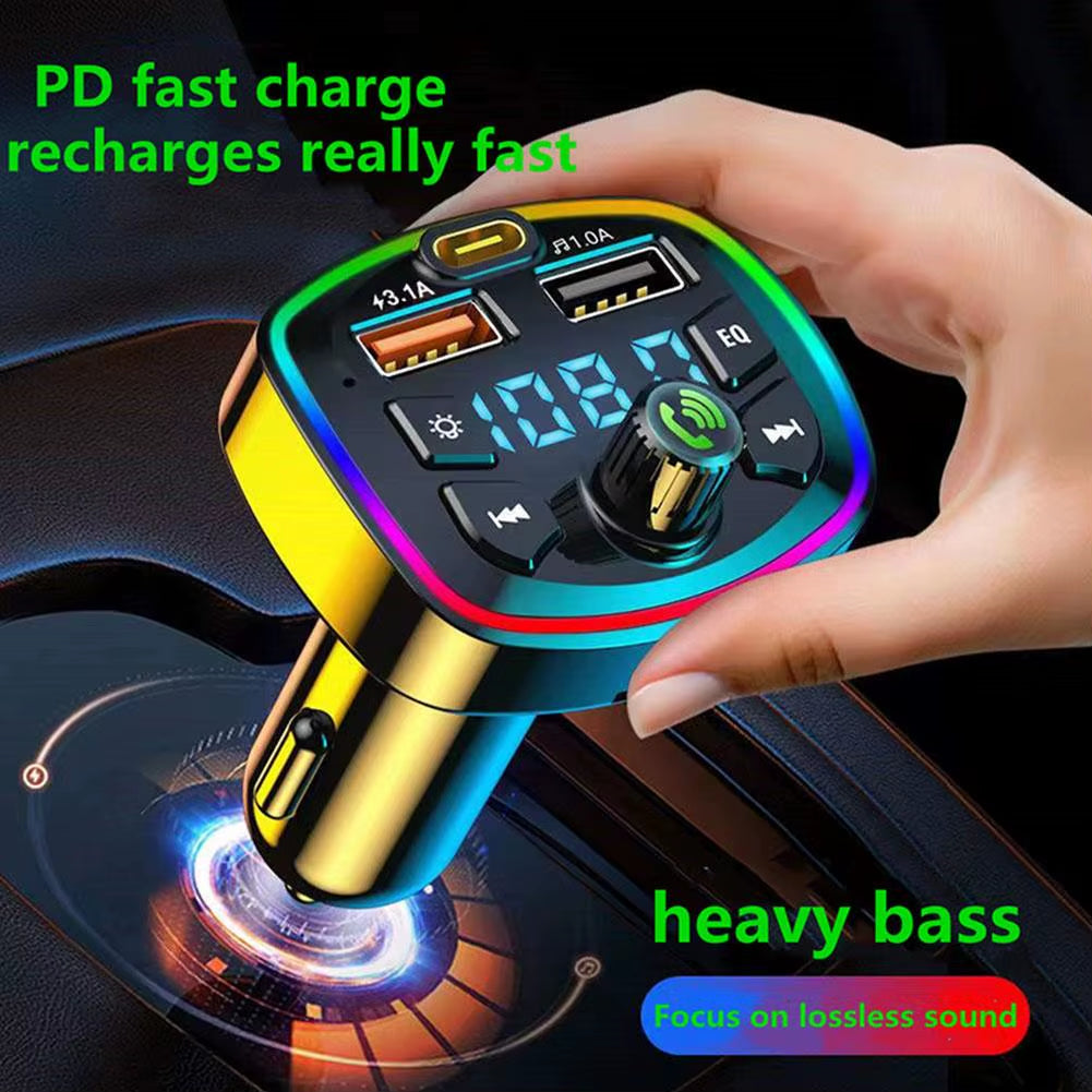 Car FM Transmitter Bluetooth 5.0 Hands-Free PD 20W QC3.0 MP3 Modulator Player Audio Receiver with Colorful Lights